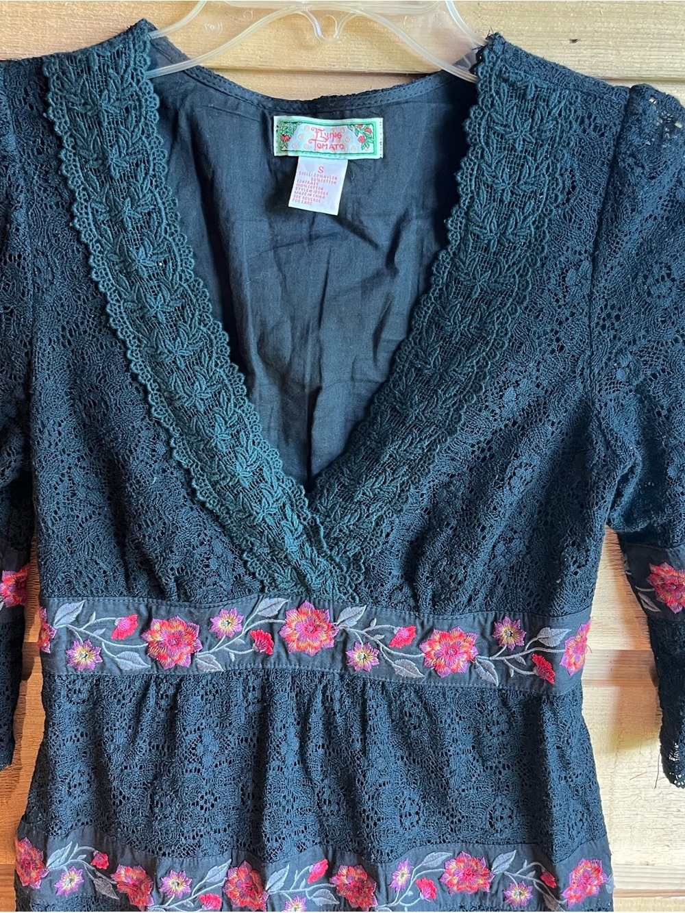 FLYING TOMATO - Boho Black Lace Mini Dress with Pink Floral Embroidery - Picture 7 of 10
